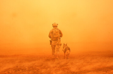 Military soldier with a dog between storm and dust at desert