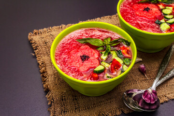 Watermelon gazpacho, traditional Spanish summer cold soup