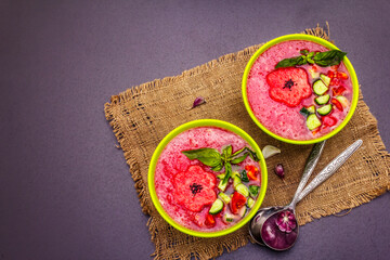 Fototapeta na wymiar Watermelon gazpacho, traditional Spanish summer cold soup