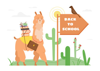 Back to school text motivation concept vector illustration. Cartoon flat cute happy llama or alpaca animal character with schoolbag and stack of books or textbooks going to study isolated on white