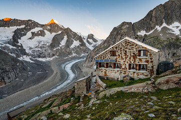 first light on Nesthorn with Oberaletsch SAC alpine hut