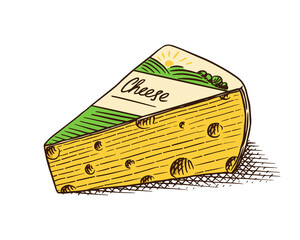 Cheese for market or grocery store. Fresh organic milk. Vector Engraved hand drawn sketch for label, emblem, poster or menu.