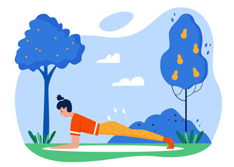 Yoga practice sport activity flat vector illustration. Cartoon active girl character practicing yoga asana exercises in summer outdoor park garden, sports healthy activity in nature isolated on white