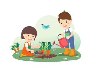 Children education, cute kids water organic vegetable gardens. White background, Vactor illustration.