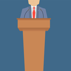 a man stands in front of a podium and talks or debates