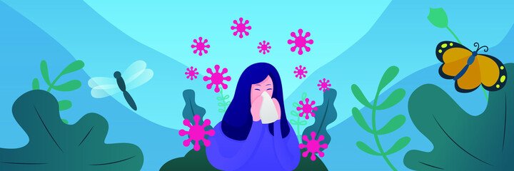 Female allergy vector illustration. Illness with cough, cold and sneeze symptoms.