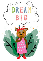 Cute vector print in scandinavian hand drawn style. Cartoon animal with inspirational quote. Doodle vector illustration for posters, baby birthday, cards, t-shirts. Colorful nordic kids print.