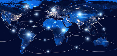Obrazy na Szkle  Globalna sieć i komunikacja międzynarodowa. Mapa świata jako symbol globalnej sieci. Elementy tego obrazu dostarczone przez NASA.