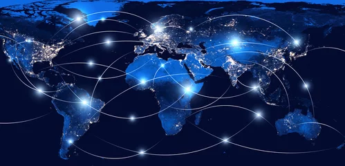 Foto op Aluminium Wereldwijd netwerken en internationale communicatie. Wereldkaart als symbool van het wereldwijde netwerk. Elementen van deze afbeelding geleverd door NASA. © Denis Rozhnovsky