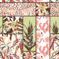 Patchwork 7+8 with aloe, leaves, hearts and fur. Seamless pattern