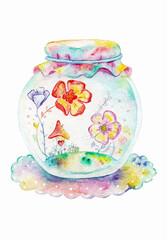 watercolor drawing - life in the bank, house, flowers day