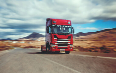 Red truck on blurry asphalt road over blue cloudy sky and mountains background