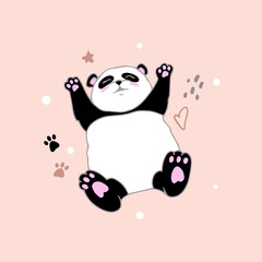 A cute little panda in cartoon style lies on his back. Hand-drawn bamboo Chinese bear. Additional elements are doodles. Stock vector illustration for printing on stationery, postcards, paper.
