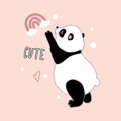 A cute little panda stands on its hind legs. Cartoon style. Hand-drawn Chinese bamboo bear. Additional elements - scribbles, lettering. Stock vector illustration for printing on stationery, postcards,