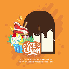 Letter A Delicious Chocolate Melting Ice Cream Cup Logo on Orange Background. Vector Flat Modern Style. Colorful Logo in Cartoon Style Illustration for Ice Cream Shop Café and Restaurant

