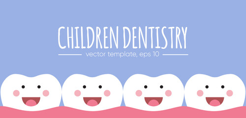 Vector concept for children dentistry. Tooth emblem and copy text space. Teeth cleaning. Dental care logo. Card, label, visit card, banner design template.