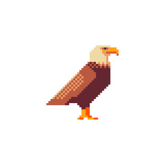 Eagle. Pixel art icon. Bird character. Black raven. Flat style. Logo, sticker and embroidery design. Game assets. Isolated vector illustration. 