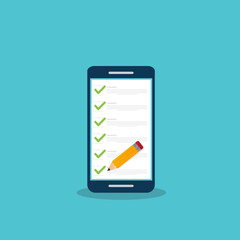Check list document on smartphone, smartphone with paper check list and to do list with checkboxes, concept of survey, online quiz, completed things or done test, feedback. 