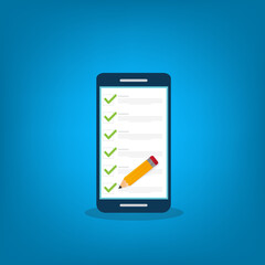 Check list document on smartphone, smartphone with paper check list and to do list with checkboxes, concept of survey, online quiz, completed things or done test, feedback. 