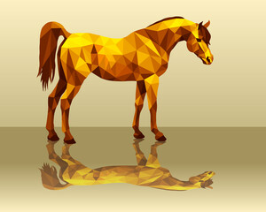 Obraz premium horse, isolated amber image on a gold background in low poly style and reflection