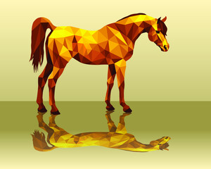 horse, isolated amber image on a gold background in low poly style and reflection