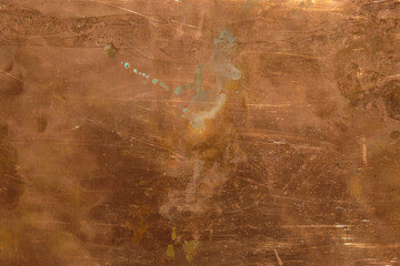 Copper background. Oxidized copper plate. Copy space.
