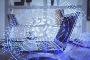 Double exposure of computer and technology theme drawing. Concept of innovation.