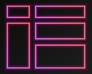 Neon gradient rectangular frames set, collection of purple-red glowing borders isolated on a dark background. Colorful night banners, bright illuminated shapes, retro style vector light effect.