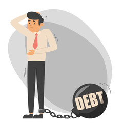 Sad worried man chained to the metal weight vector isolated. Financial debt, idea of bankruptcy and crisis.