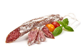 Fuet sausage, jerked meat with mold, isolated on white background