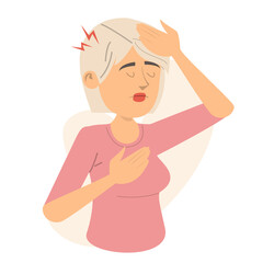 Woman feels headache vector isolated. Female character suffering from the pain in the head. Stress, migraine or PMS symptom.