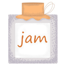 Vector illustration of a jar with the text "jam" with a lid in the form of a cloth tied with a thread in the style of a cartoon. The concept of canning, household, and preparations. Can be used for