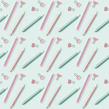 Creative seamless pattern with office supplies, color pencils, pens, puler and metal paper clips. School and education concept.