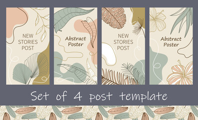 Set of 4 trendy abstract art templates with floral, exotic leaves and geometric elements. Suitable for banners design, posts, mobile apps, social media, and web ads. Fashion backgrounds.