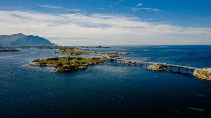 Cars crossing bridges on Atlanterhavsvegen, scenic coastal highway, west coast of Norway