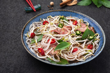 meat and vegetable Vietnam noodle with chopstick food background