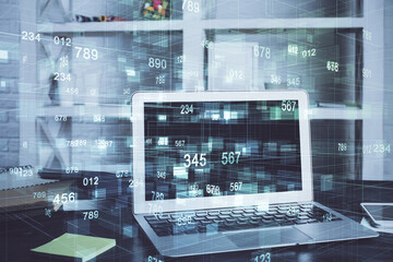 Technology theme drawing and work space with computer. Multi exposure. Concept of innovation.