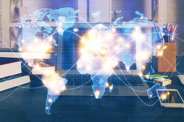 Multi exposure of business theme icons and table with computer background. Concept of success.