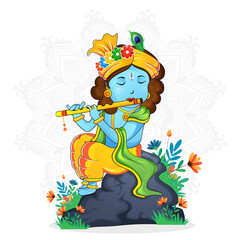 Illustration of a cute lord krishna playing flute on white mandala background, sign of peace and love. Happy krishna janmashtami.