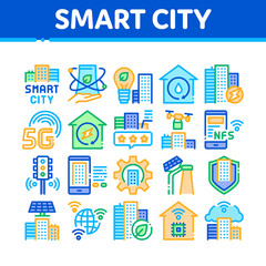 Smart City Technology Collection Icons Set Vector. Smart City Tool Traffic Lights And Drone Delivery, Solar Battery And Eco Energy Plant Concept Linear Pictograms. Color Contour Illustrations