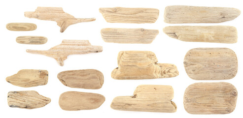 Set of driftwood isolated on white background. Pieces of sea drift wood.