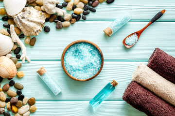 Fototapeta na wymiar Spa treatments set with sea cosmetics - salt and aroma oil. Top view