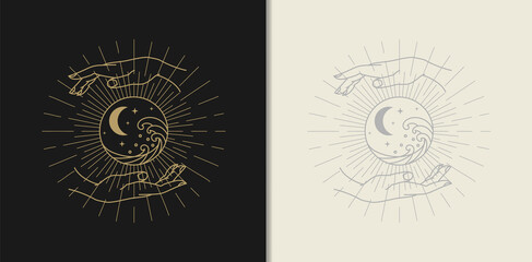 Moon, star, wave and hand gold logo, spiritual guidance tarot reader Colorful gradient design. illustration.