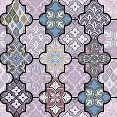 Colorful floral seamless hand drawn ornamental east pattern in patchwork boho chic style with lattice, in portuguese and moroccan motif