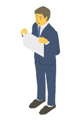 アイソメトリック図法。紙を胸元に持つビジネスパーソンのベクターイラスト