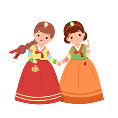 Korean womans holding hands together in traditional korean hanbok dress. Girl friend celebrating Korean national holiday clip art. Flat style vector isolated on white background. 