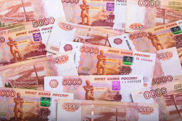 Got profit from business with beautiful background and texture of Russian rouble currency, money, 5000 banknotes background, close-up.