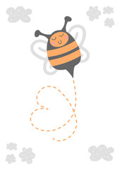 Cute vector print in scandinavian hand drawn style. Cartoon bee with heart made of dots. Doodle vector illustration for posters, baby birthday, cards, t-shirts. Colorful nordic kids print.