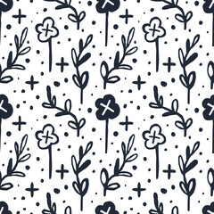 Seamless pattern with branch of leaves, flowers, dots, crosses. Cute elegant flowers vector illustration. Background for poster or cover. Figure for textiles. Decorative floral elements for print.