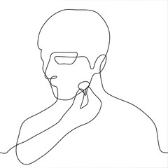 male face with the hand of a make-up artist who makes him makeup. One continuous line art. Applying foundation / powder / makeup, the concept of preparing for an event, meeting, filming, photo session